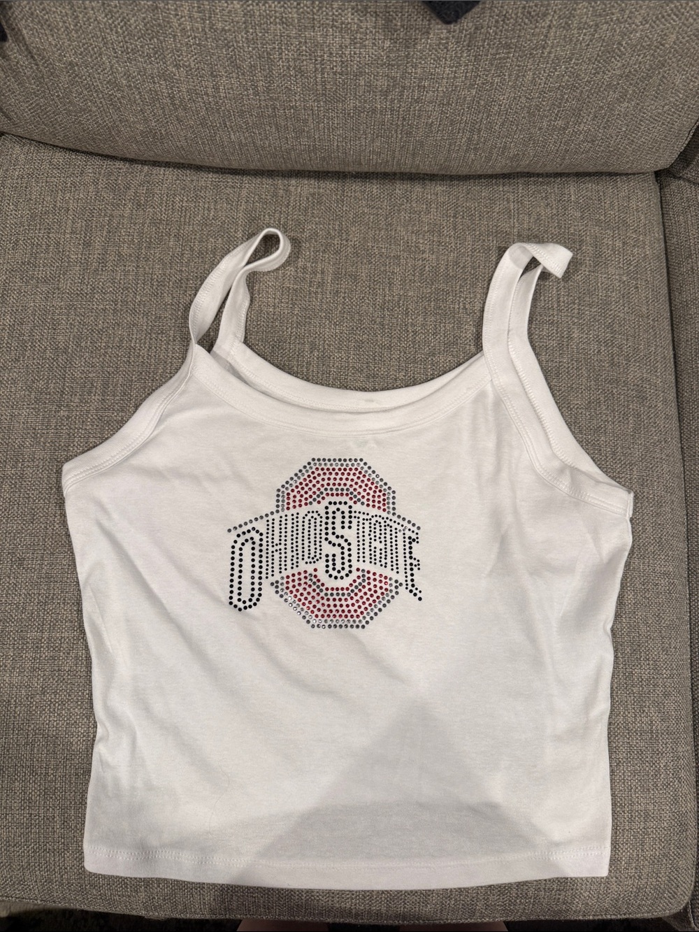Bella Canvas White Ohio State Rhinestone Logo Tank Top with Red Accent